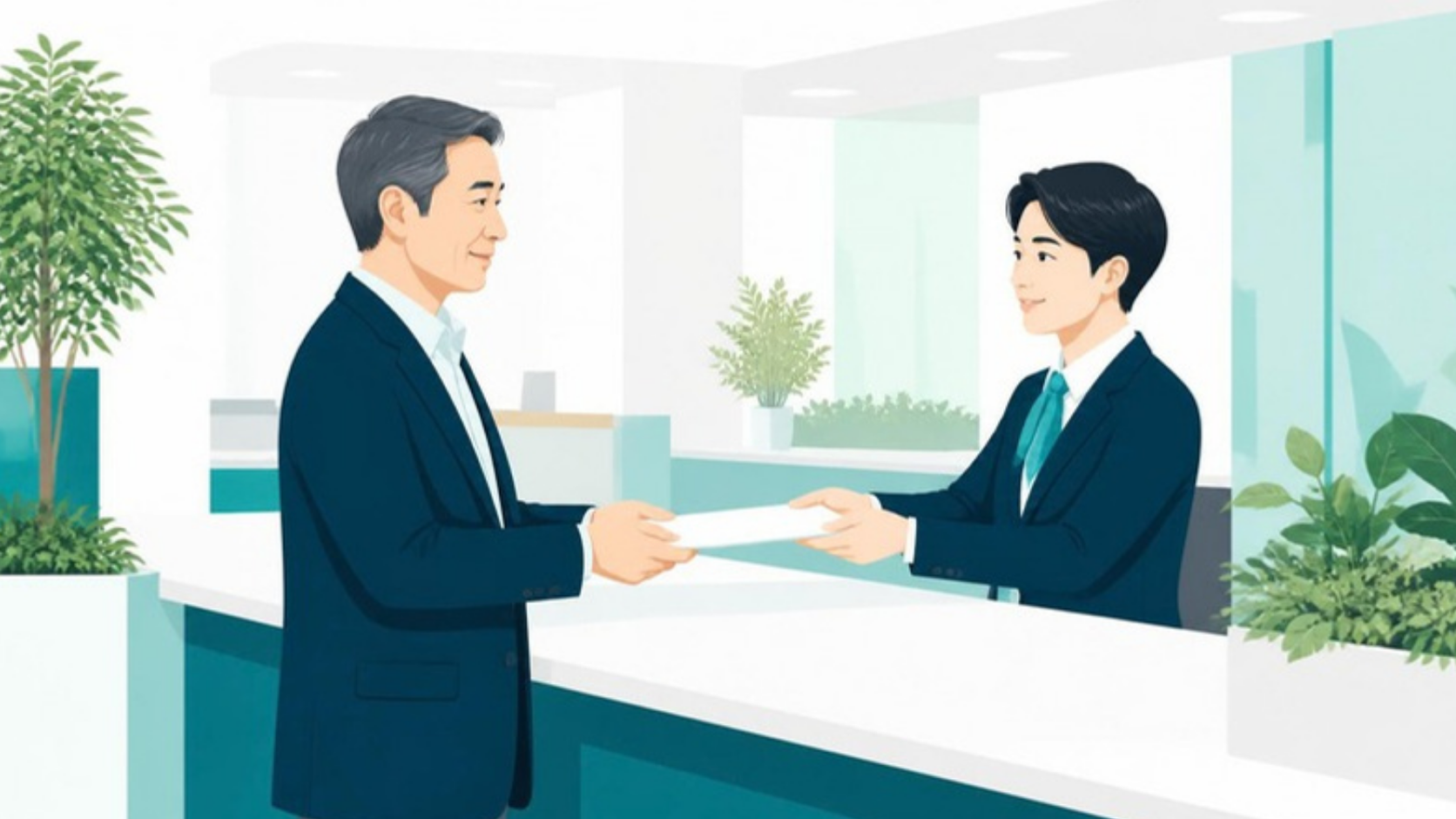 市役所の窓口で書類を受け取る男性