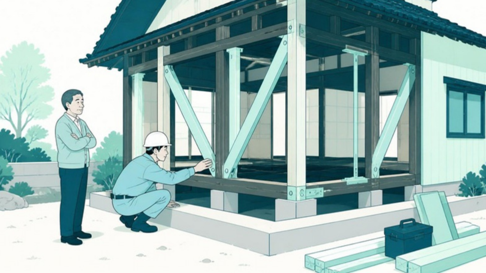 古い家の耐震改修工事を確認する作業員