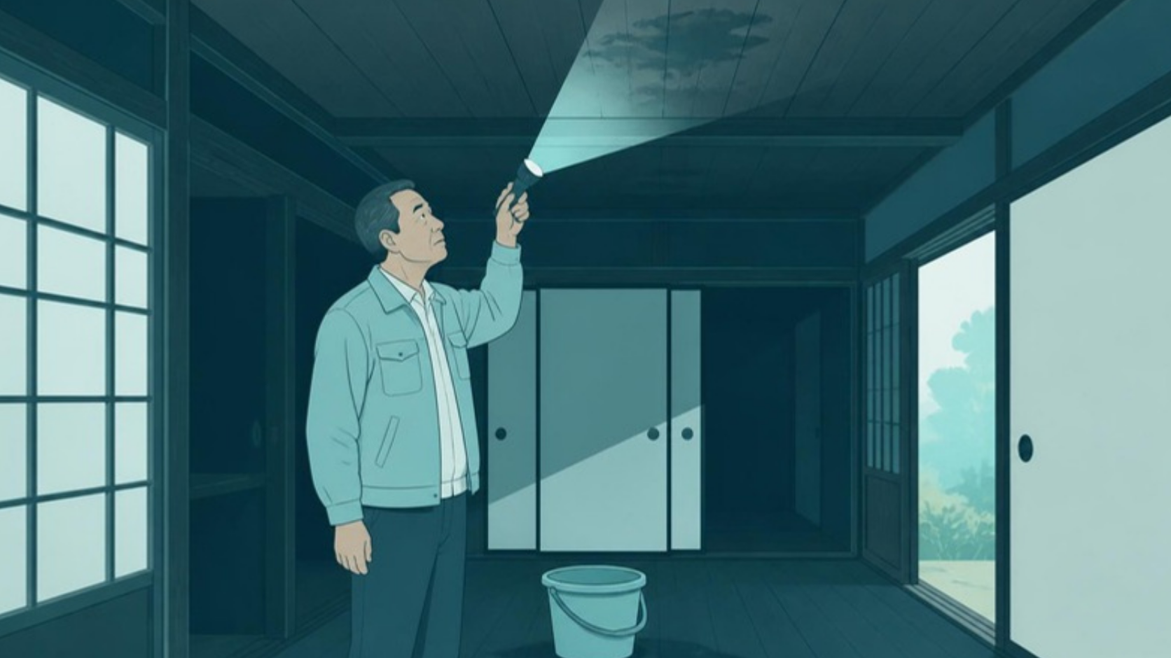 空き家の天井の雨染みを懐中電灯で確認する男性