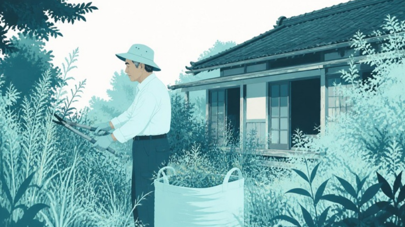 空き家の庭の草を刈る男性