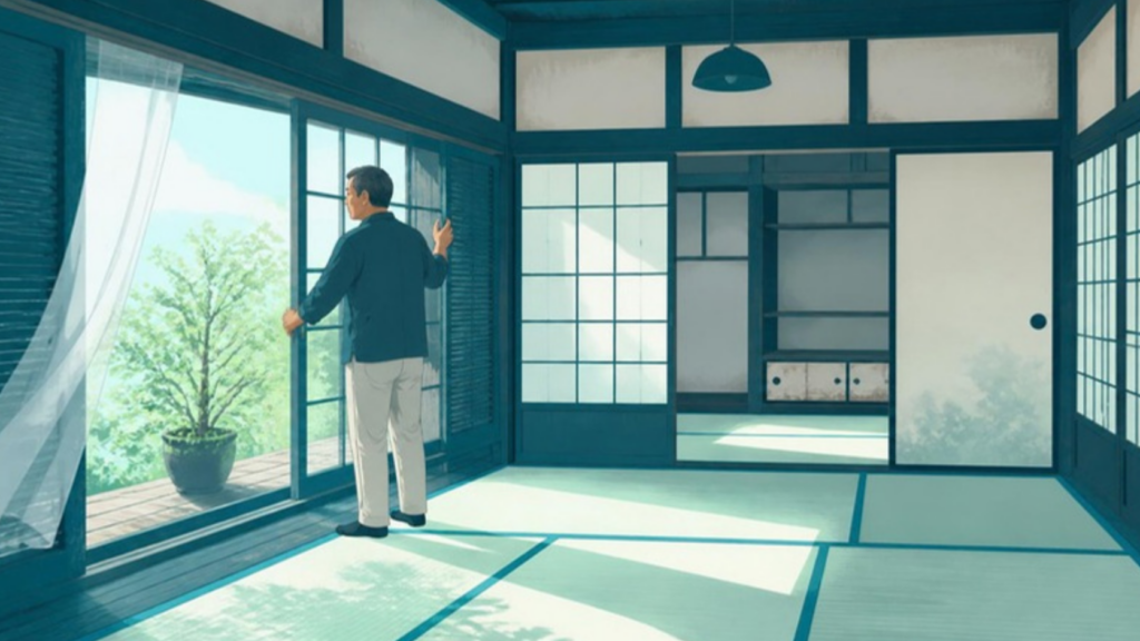 空き家の雨戸と窓を開けて風を通す男性