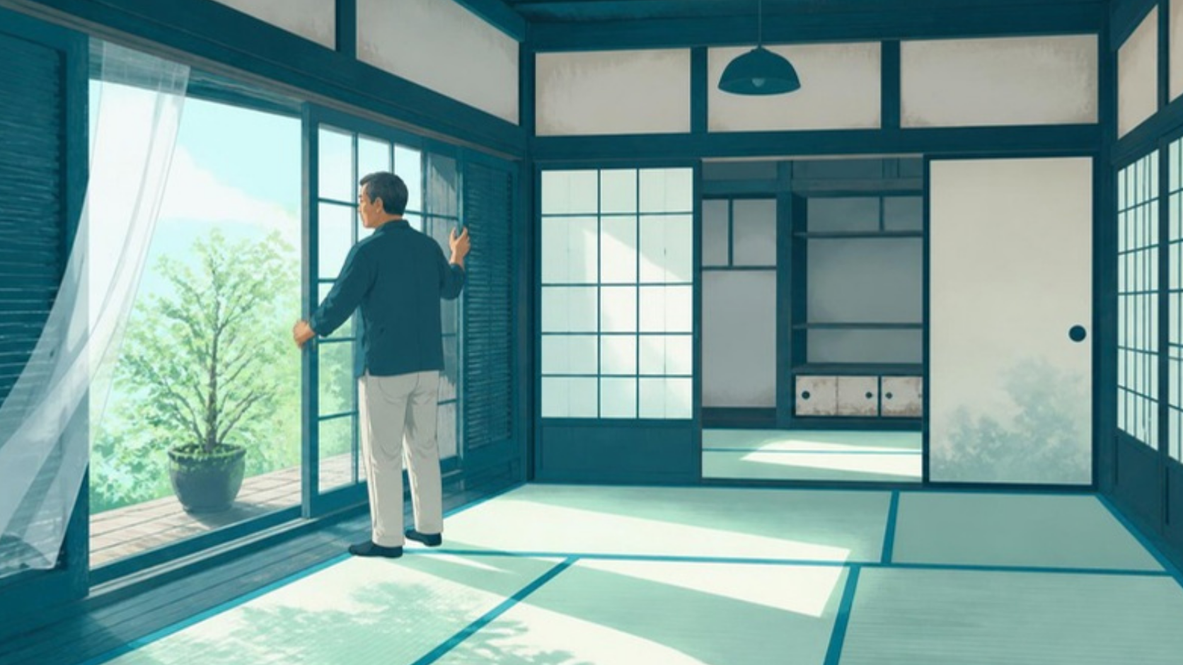 空き家の雨戸と窓を開けて風を通す男性