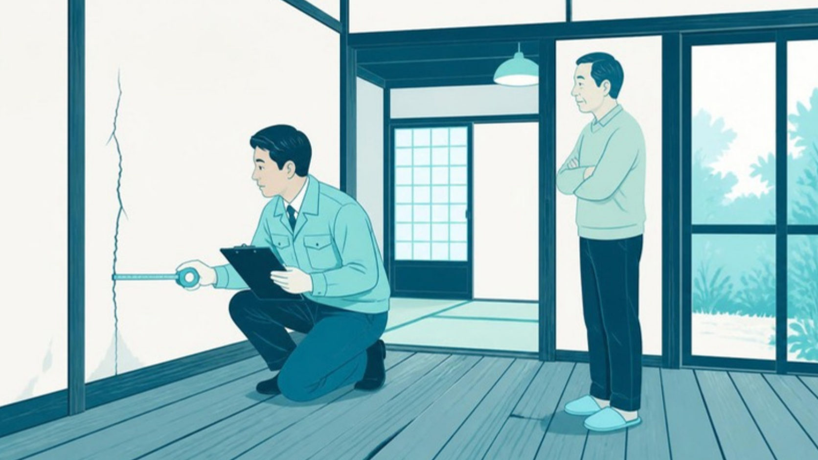 実家の室内を確認する査定担当者