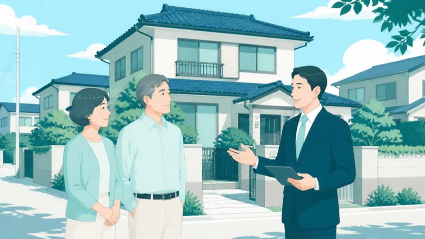 相続した実家の前で不動産会社の担当者と話す夫婦