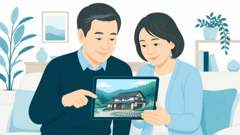 タブレットで空き家バンクの物件情報を見る夫婦