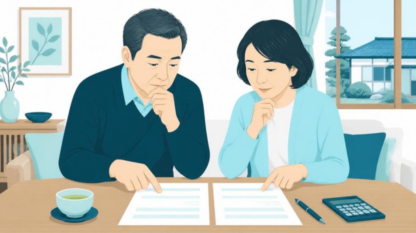 自宅で2通の見積書を見比べる夫婦