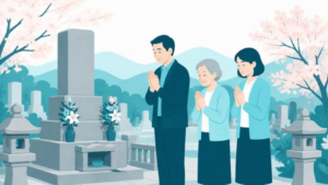 墓前で手を合わせる家族