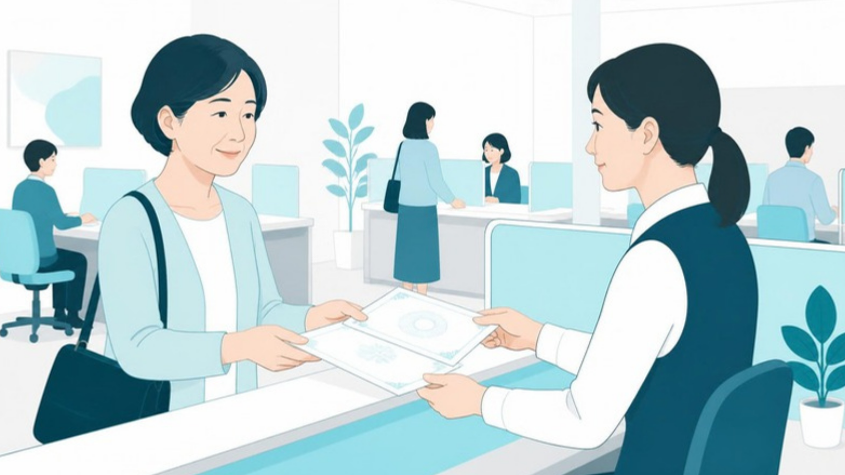 役所の窓口で印鑑証明書を受け取る女性