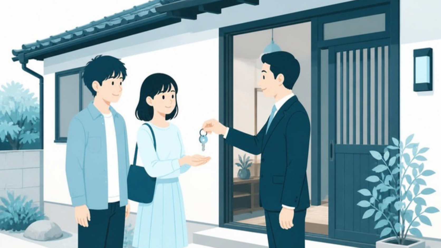 入居者の夫婦に実家の鍵を渡す管理会社の担当者