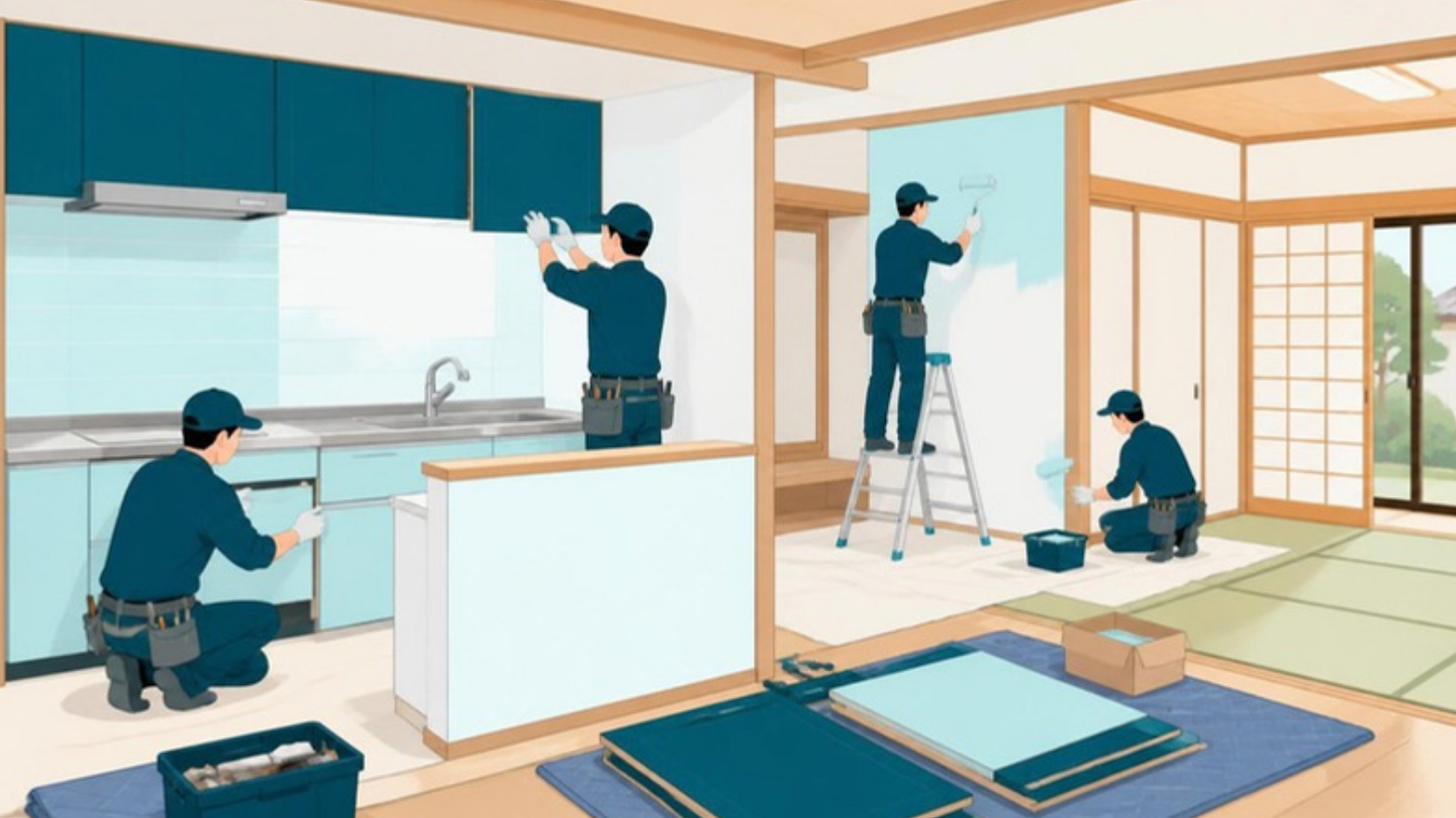 貸し出す前に実家の台所や壁を改修する職人