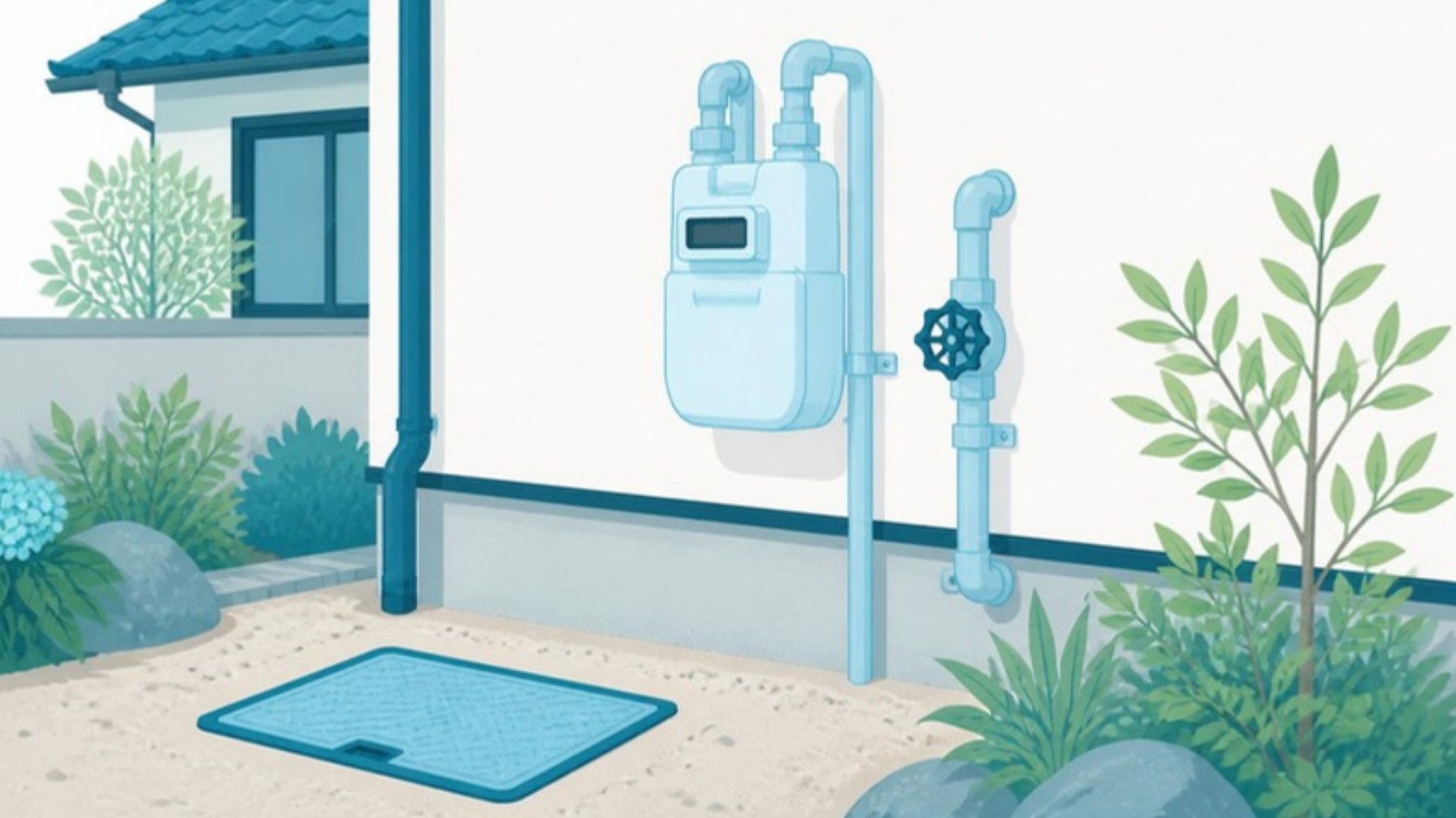 空き家の外壁のガスメーターと水道メーターのふた