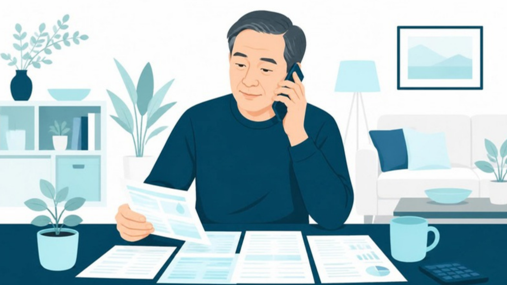 検針票を見ながら電話で契約の手続きをする男性