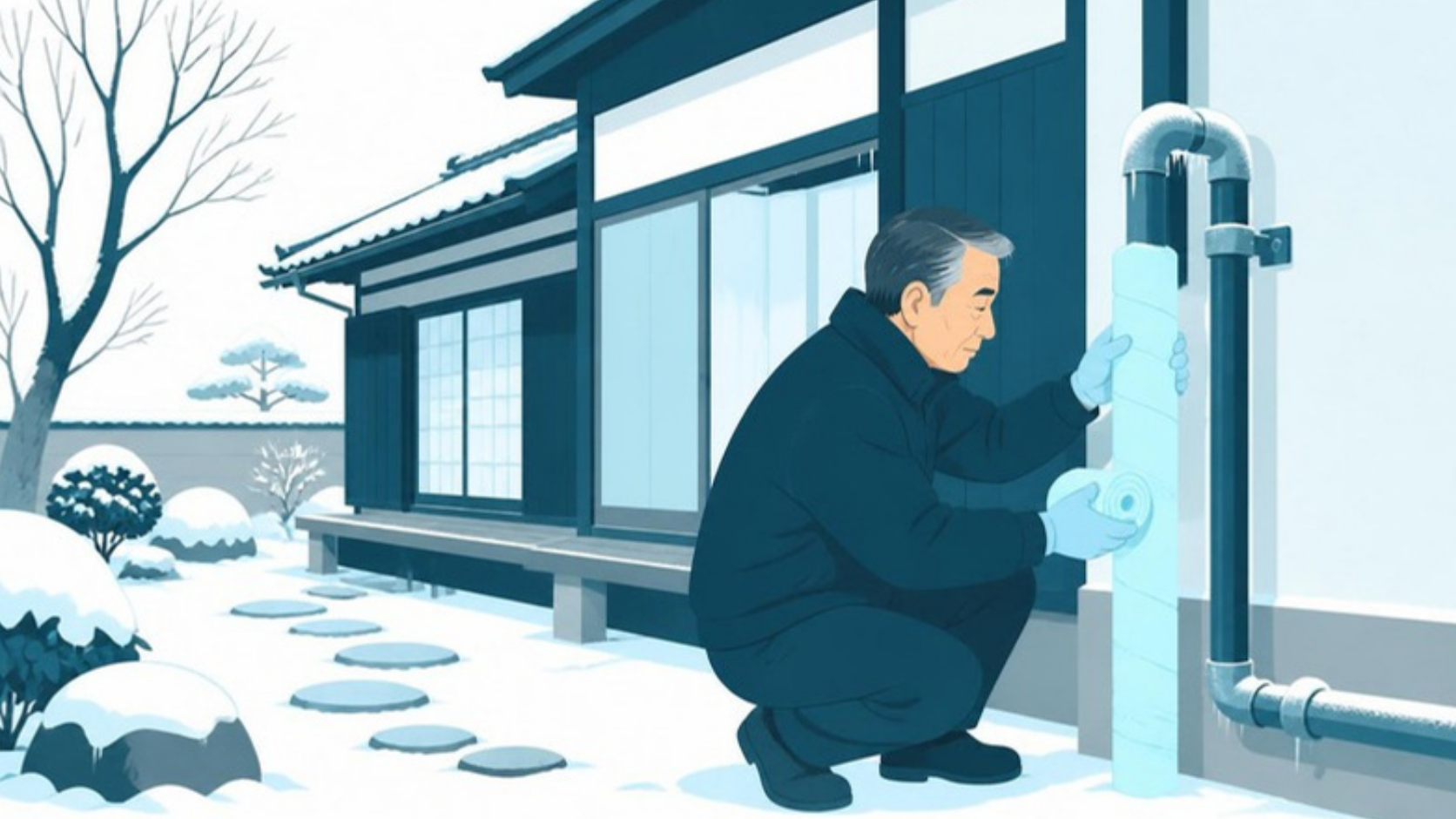 冬の空き家で屋外の水道管に保温材を巻く男性