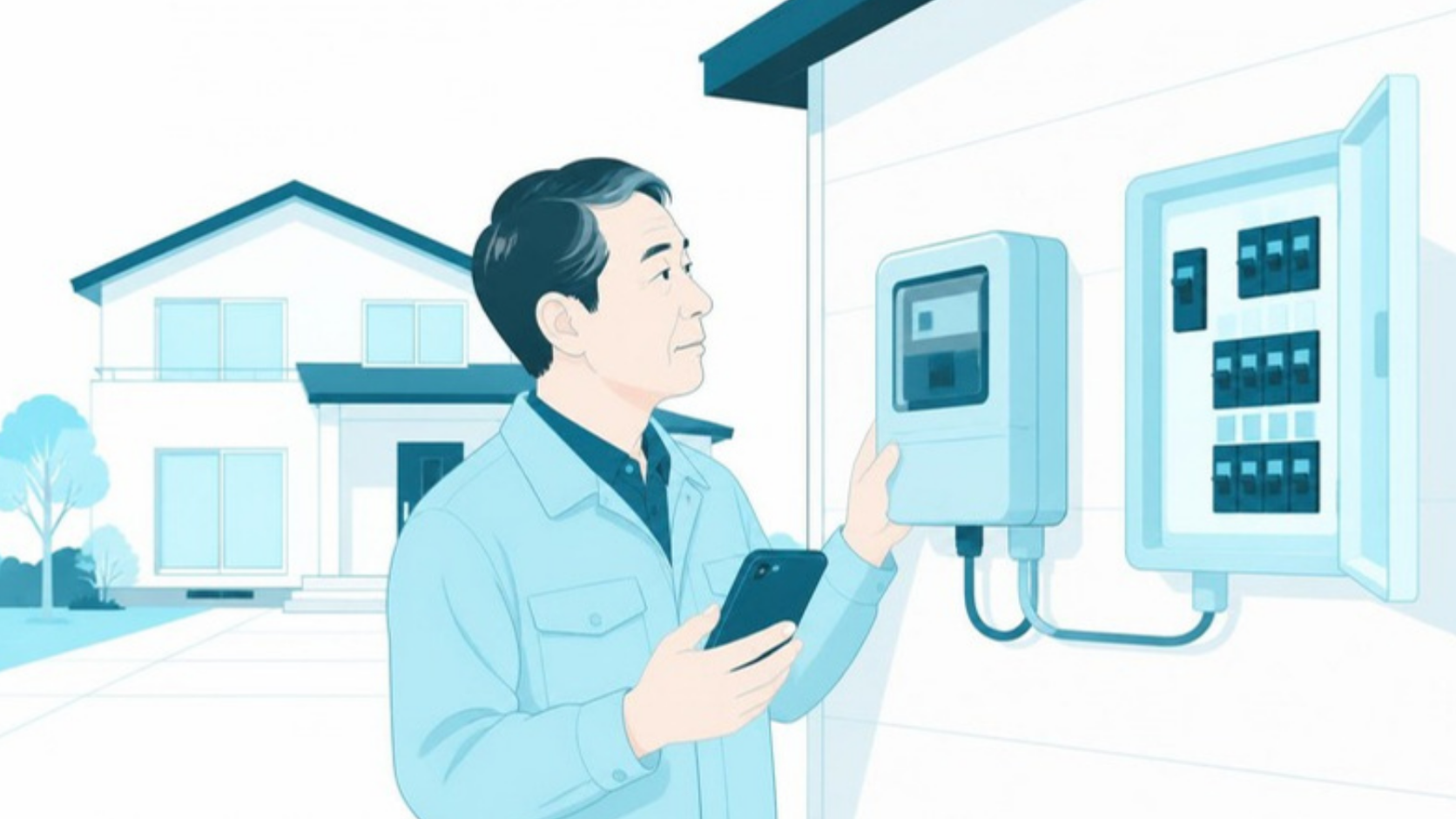 空き家の分電盤と電気メーターを確認する男性