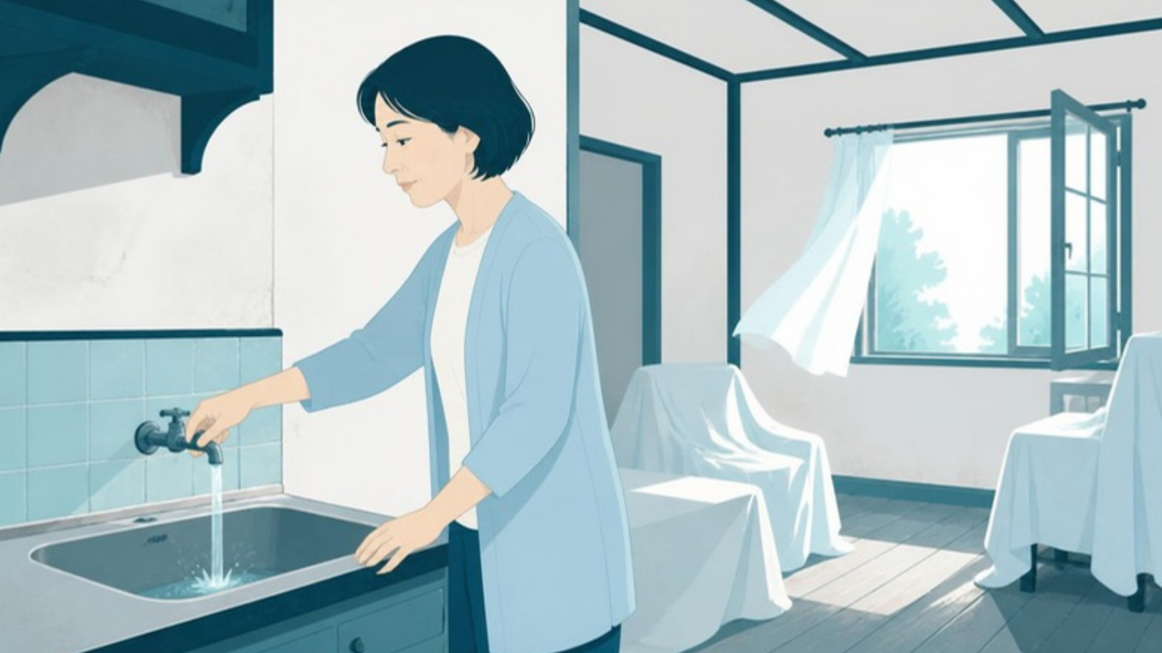 空き家の台所で水を流して通水する女性