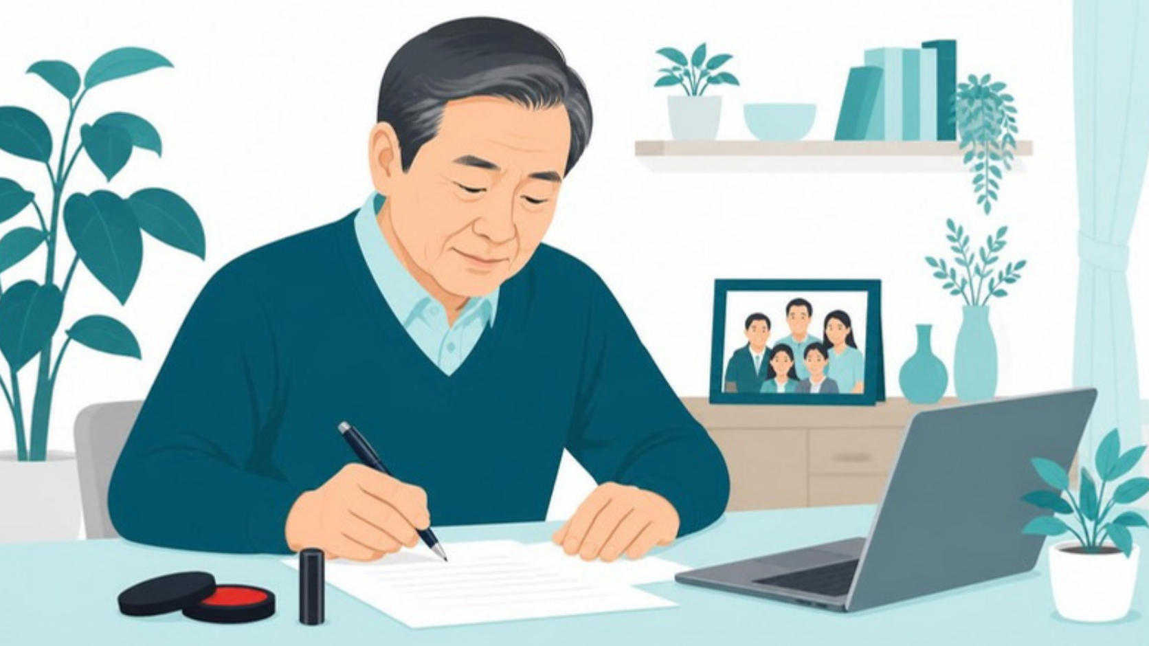 自宅で相続登記の申請書を作る男性