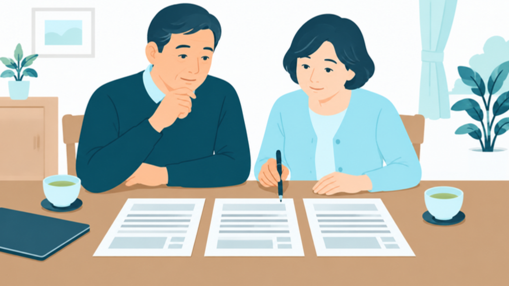 自宅で3通の見積書を見比べる夫婦