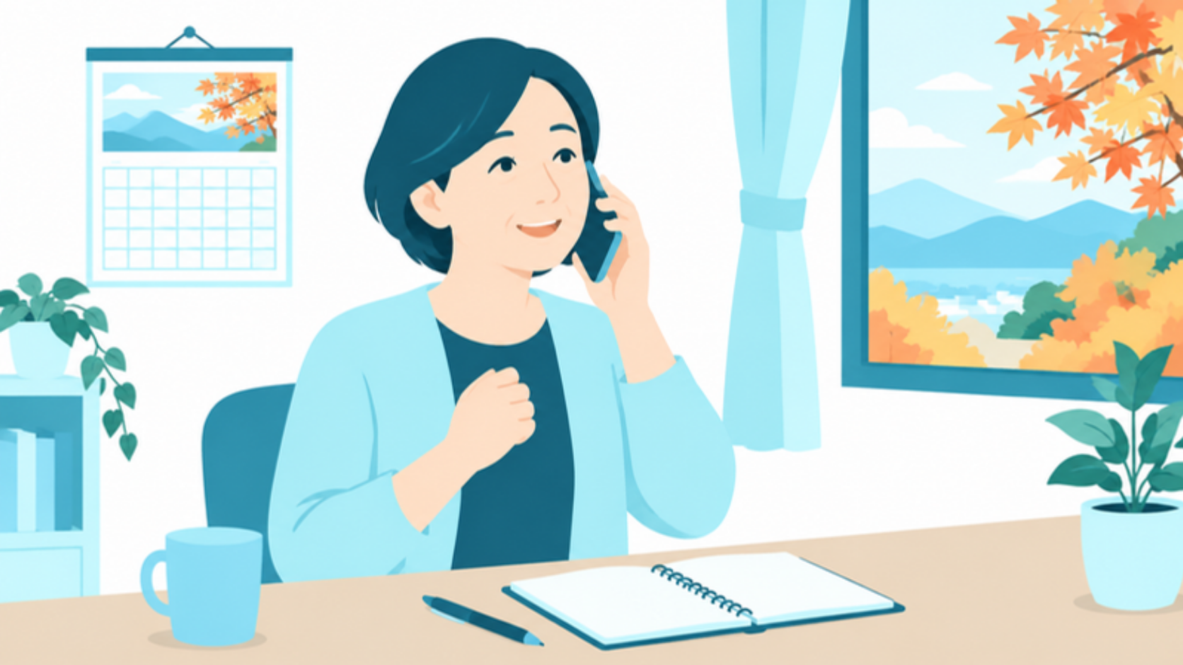 電話で相談しながら工事の日程を確かめる女性