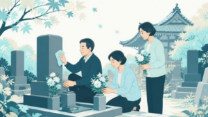 お寺の墓地でお墓の掃除と花の手向けをする家族