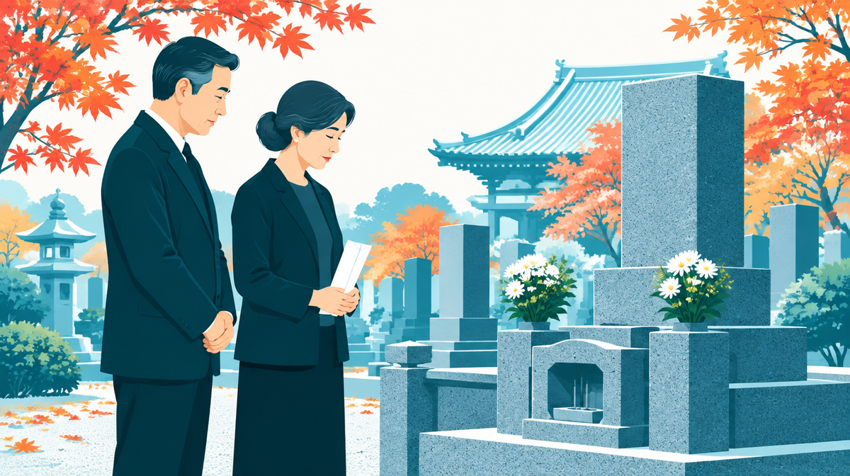 墓じまいの前に墓前で白い封筒を手にする夫婦