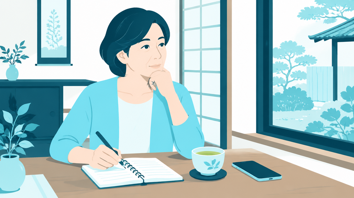 閉眼供養の前に確かめることをノートにまとめる女性