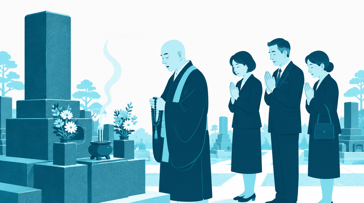 墓前で読経する僧侶と手を合わせる家族