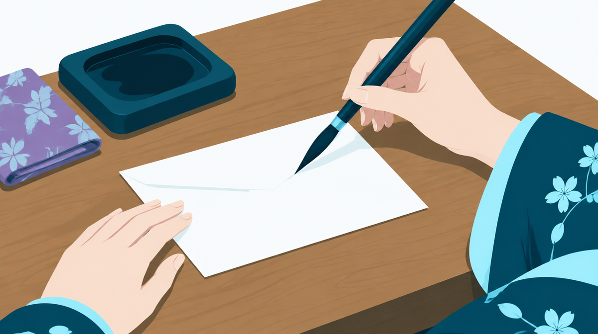 筆ペンで白い封筒に表書きを書こうとする手元