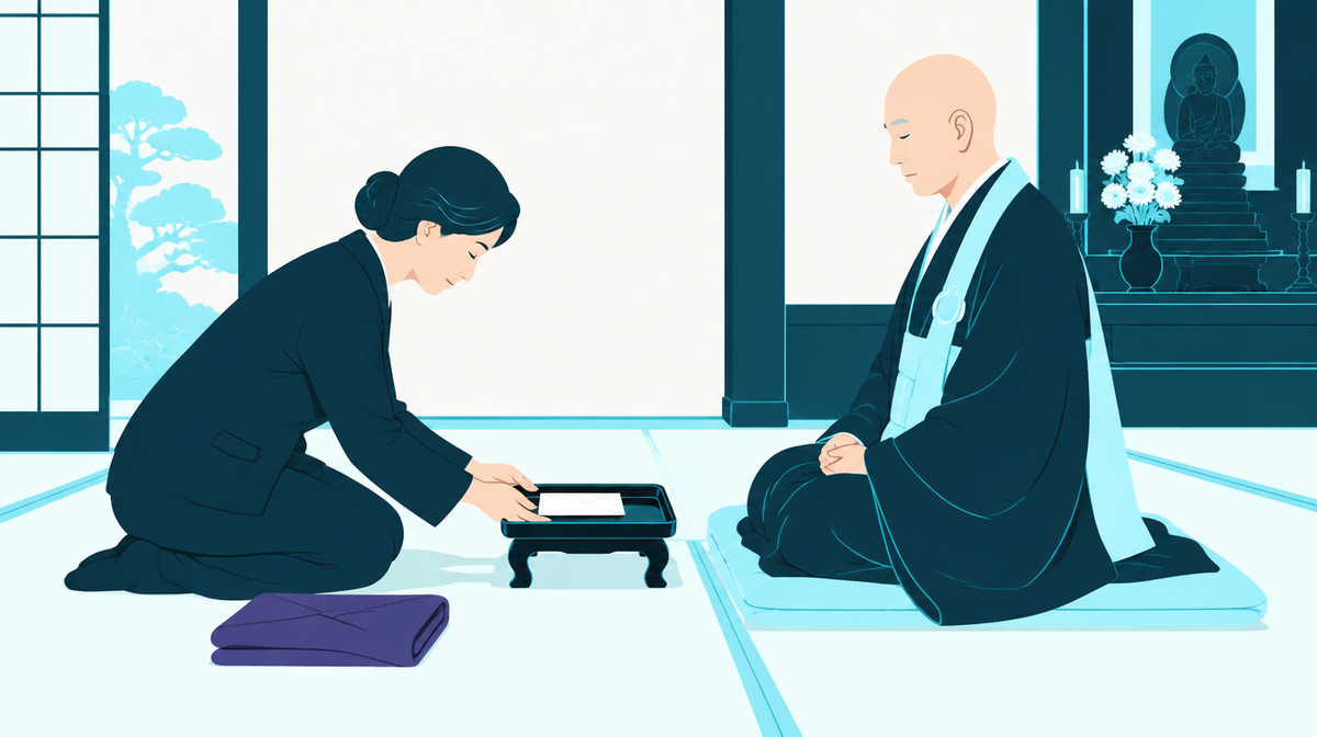 切手盆に載せたお布施を僧侶に差し出す女性