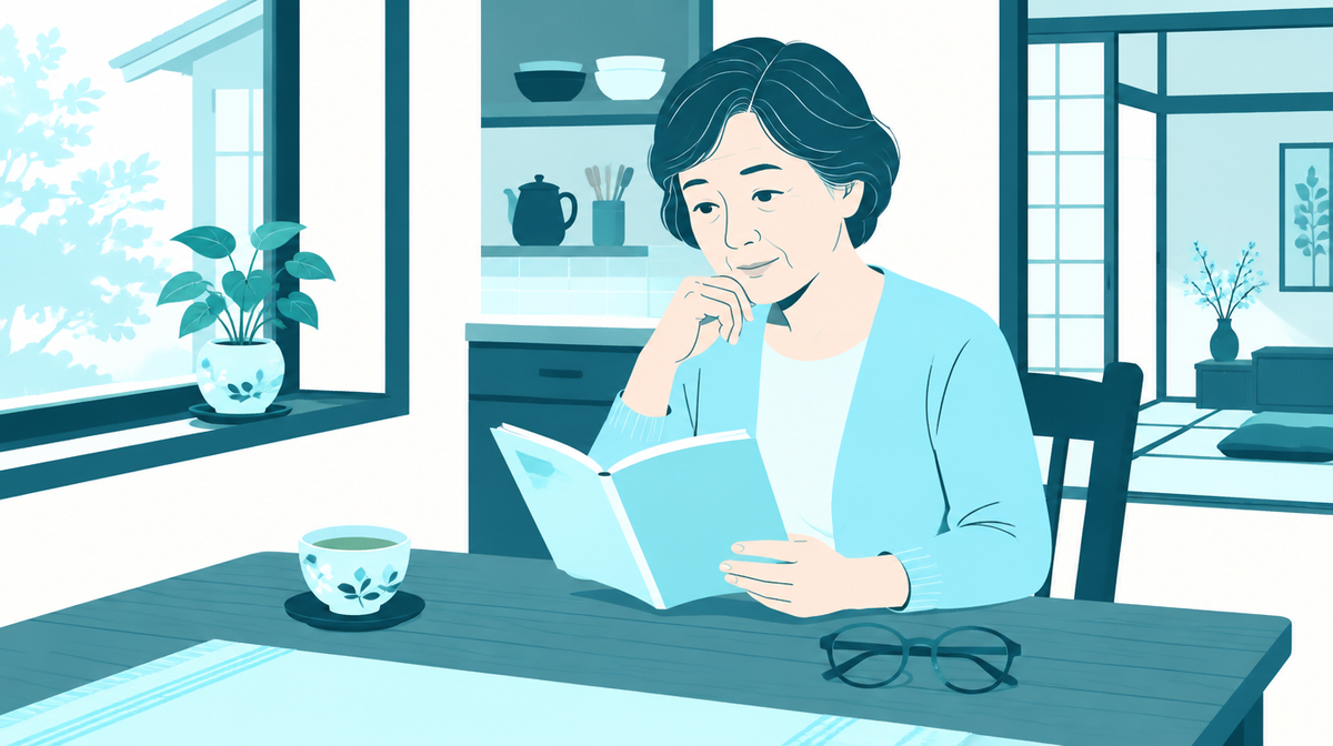 台所のテーブルで冊子を読む女性