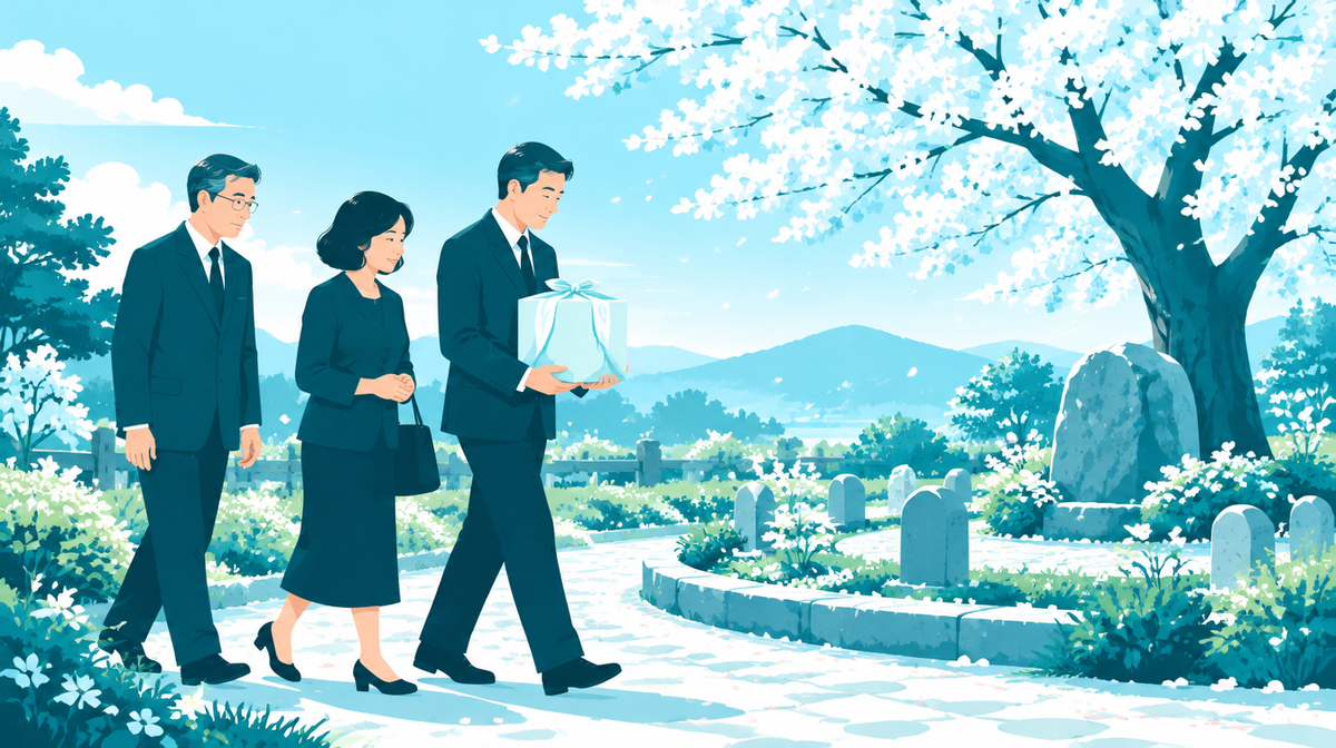 樹木葬の庭へ向かう家族