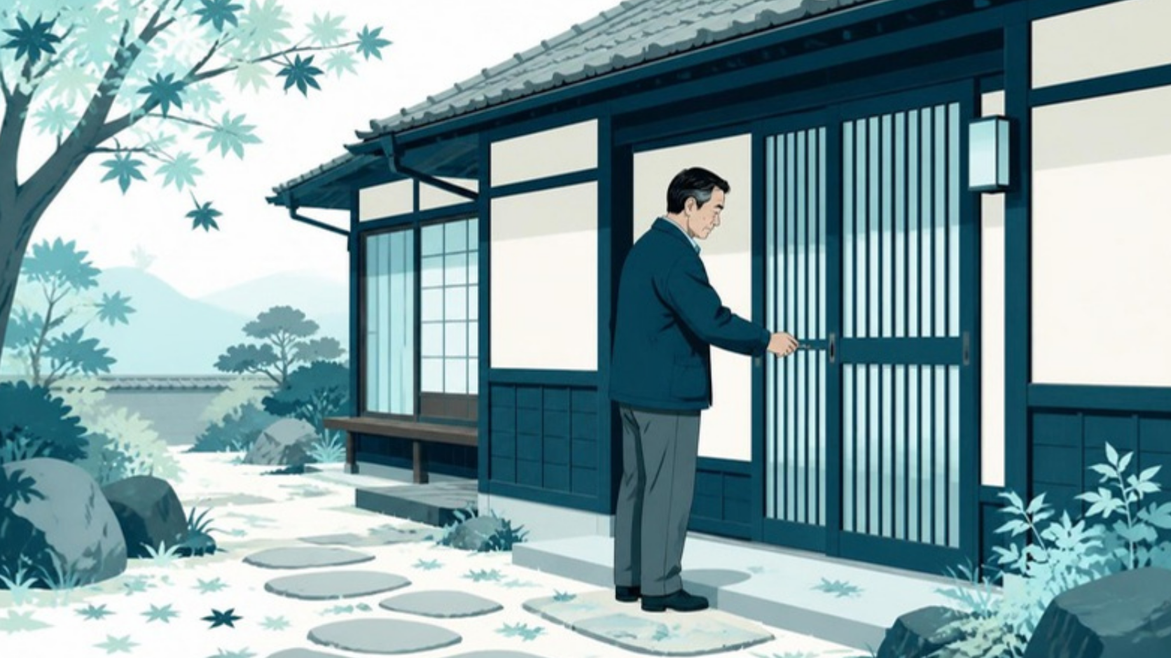 空き家になった実家の玄関に鍵をかける男性