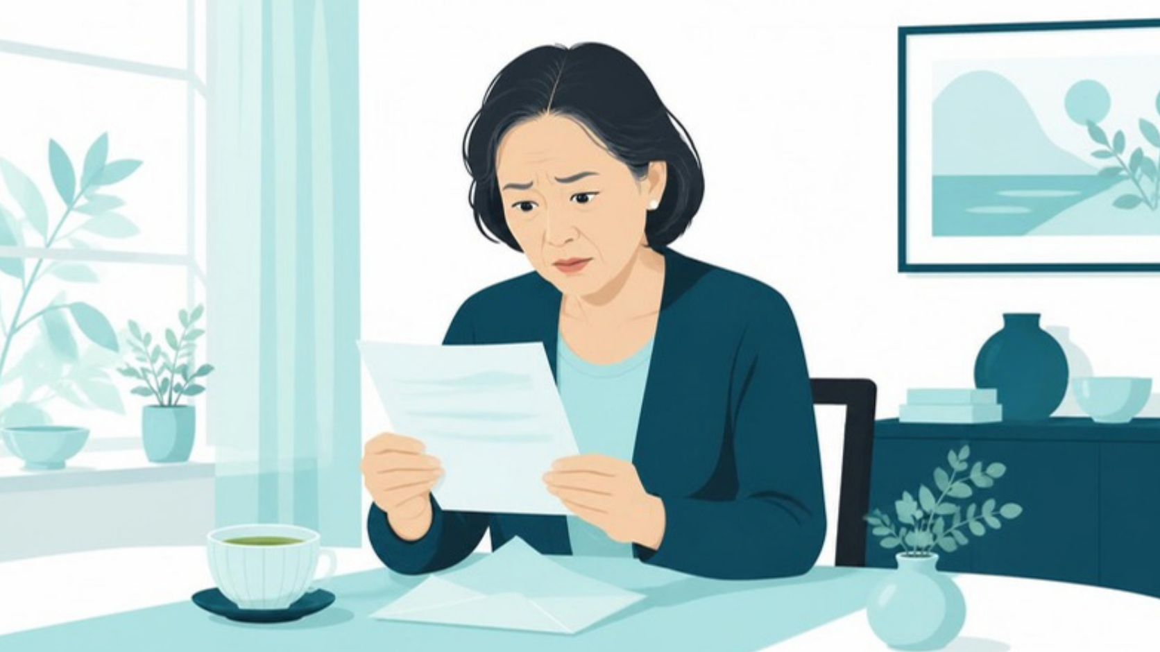 届いた手紙を読んで不安そうな女性
