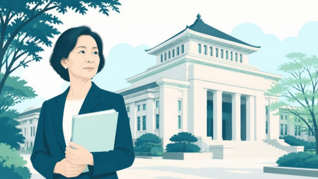 家庭裁判所の前で書類を手にする女性