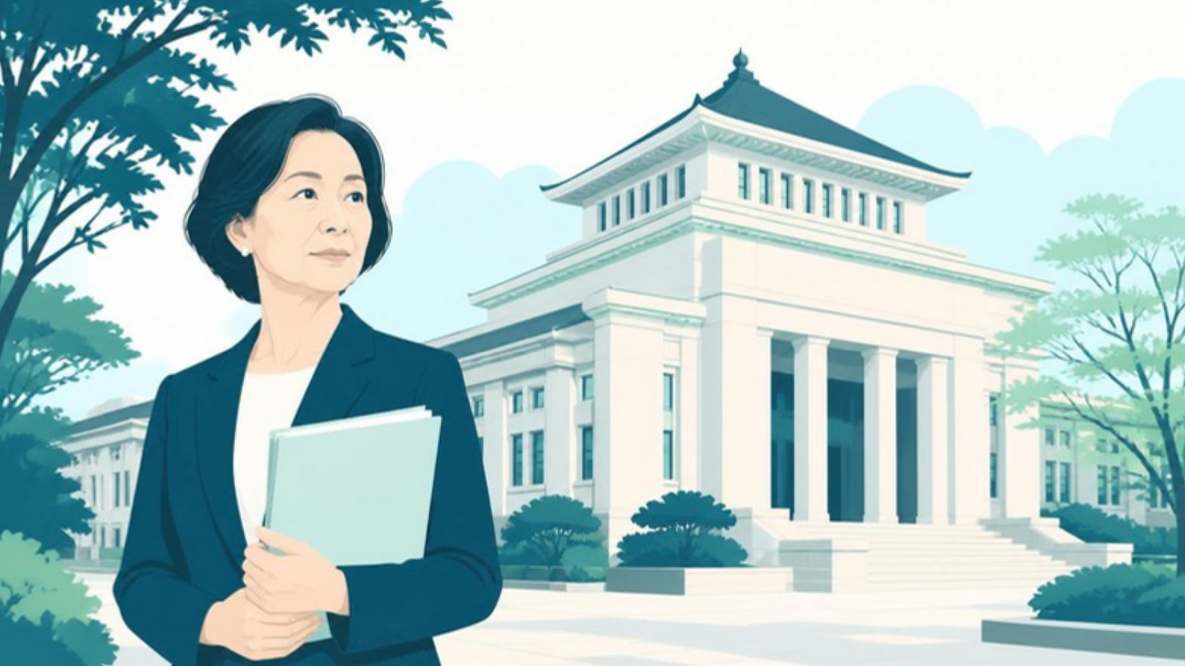 家庭裁判所の前で書類を手にする女性