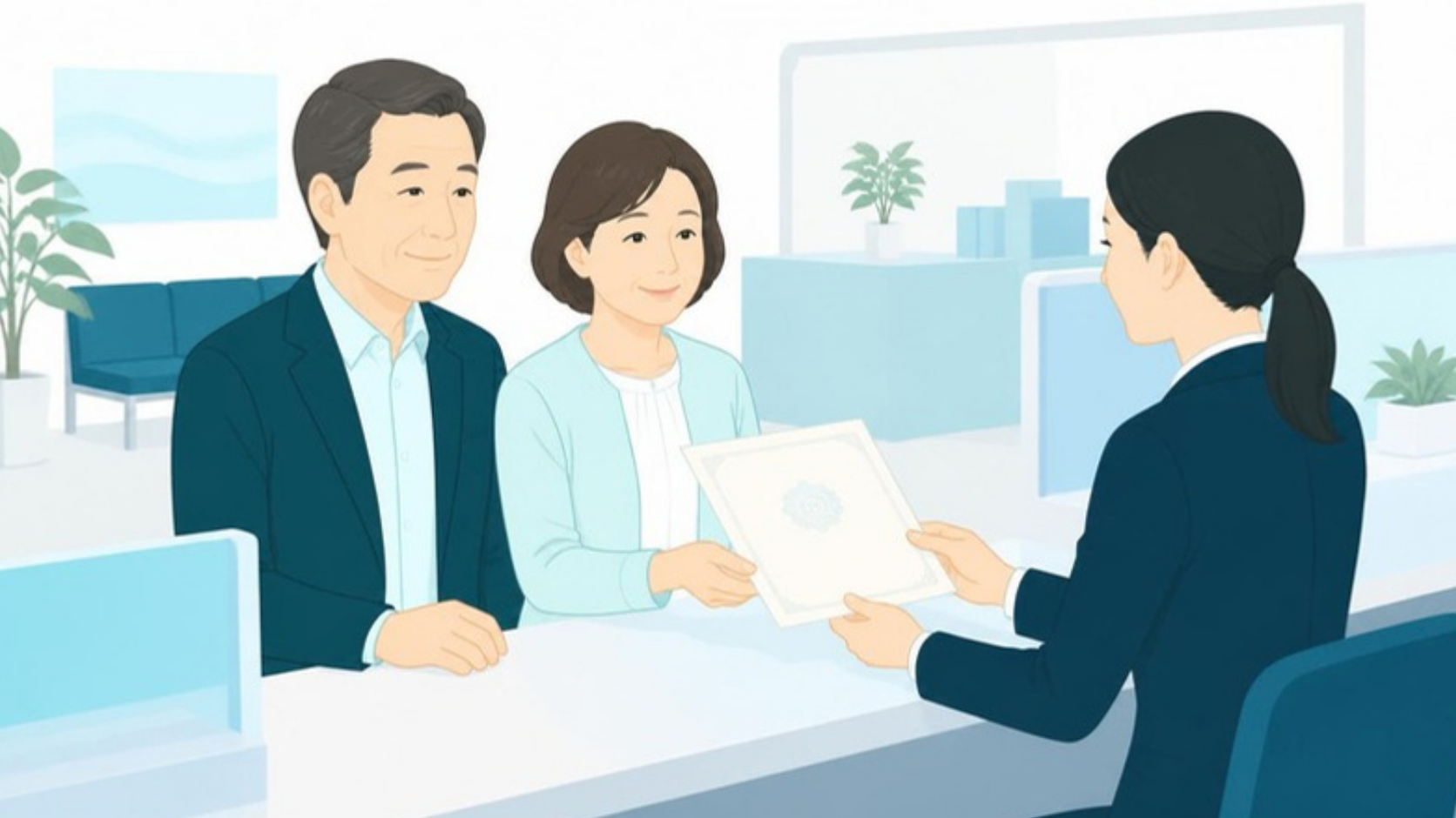 法務局で保管されている遺言書の証明書を受け取る夫婦