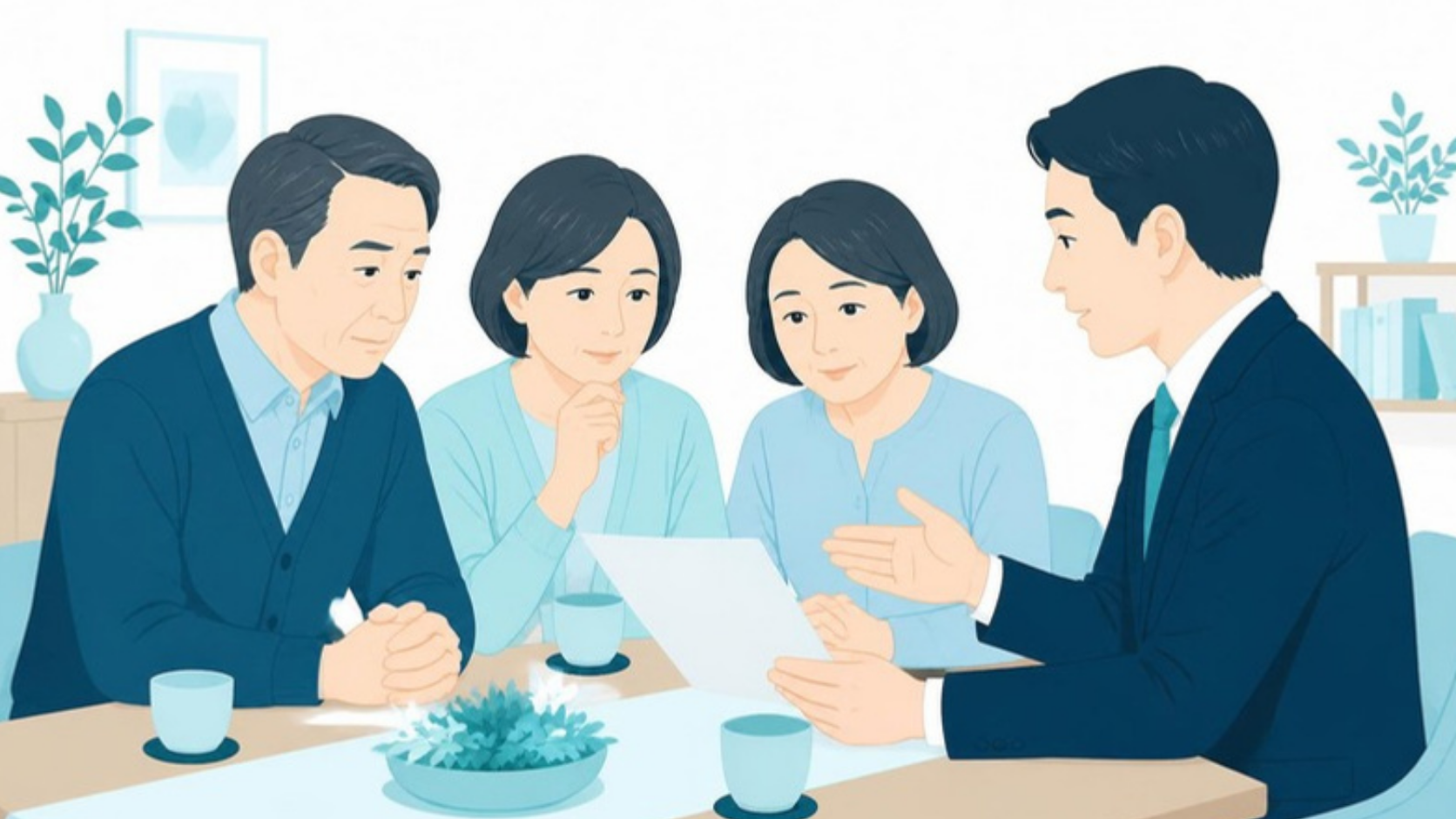 遺言の内容を家族で確認し専門家の説明を聞く様子