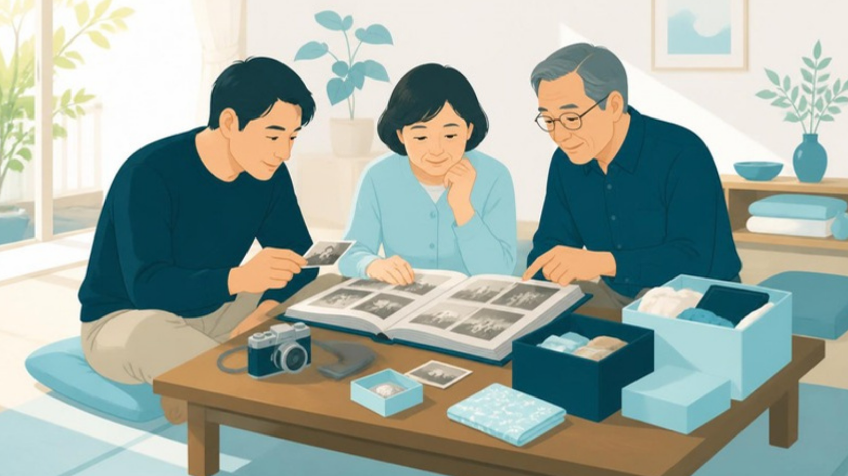 アルバムや形見を家族で見ながら分ける様子