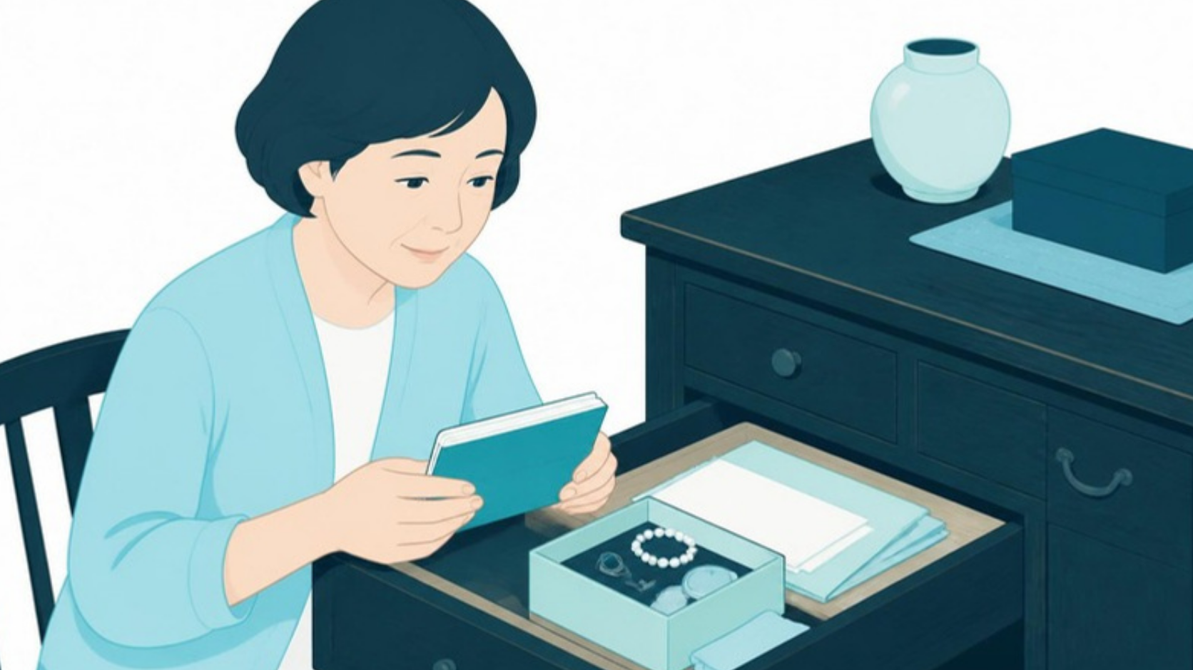 机の引き出しから通帳や重要書類を探す女性