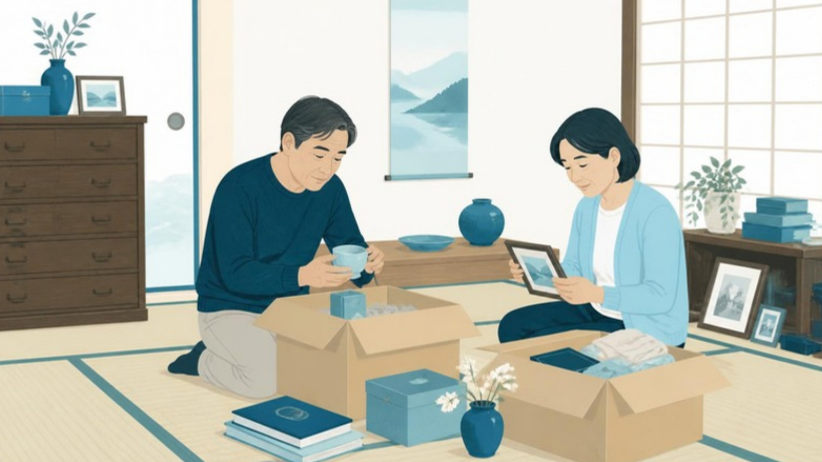 親の部屋で遺品を整理するきょうだい