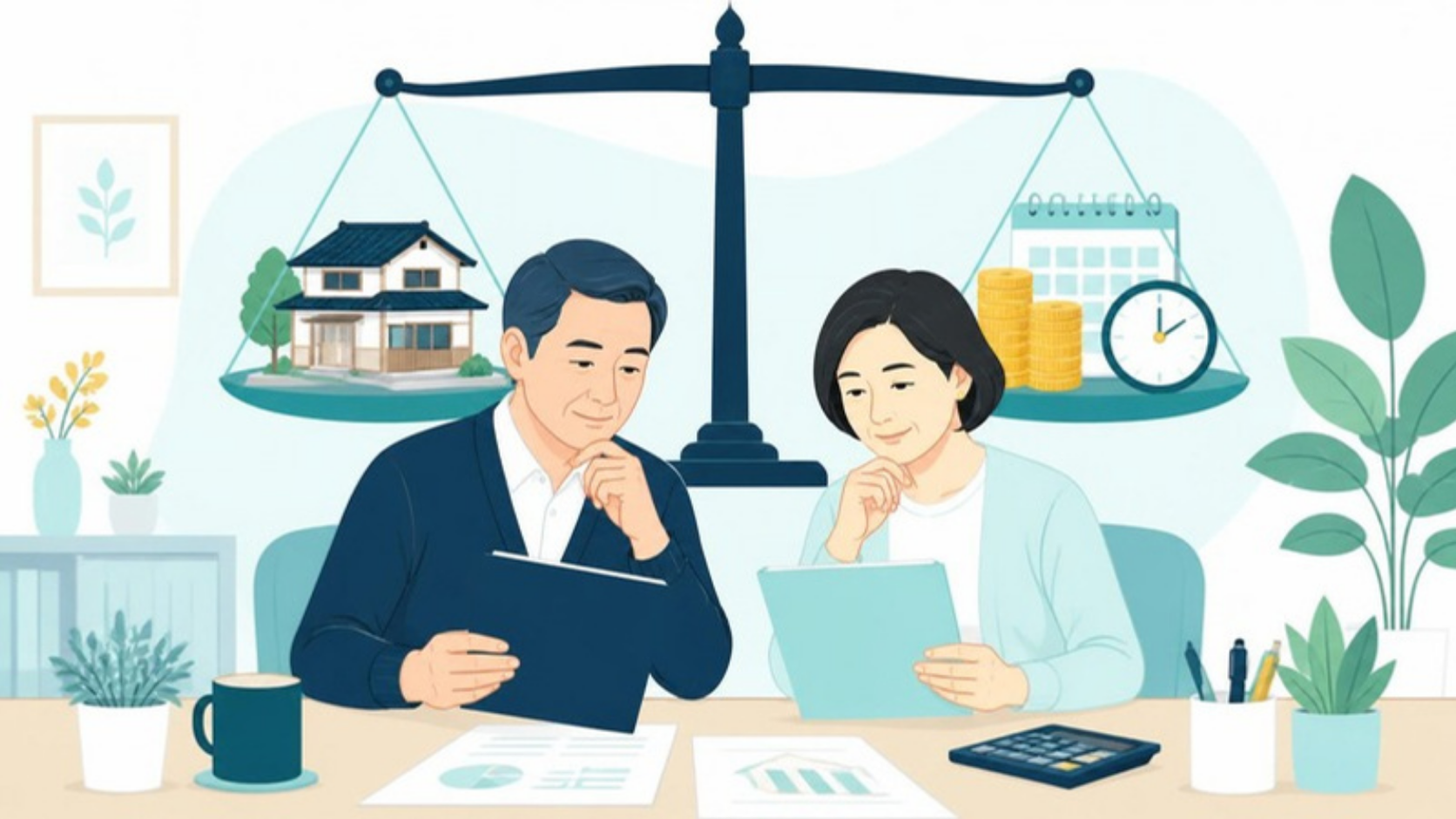 家と硬貨・時計を天秤にかけて買取と仲介を比べる夫婦のイラスト