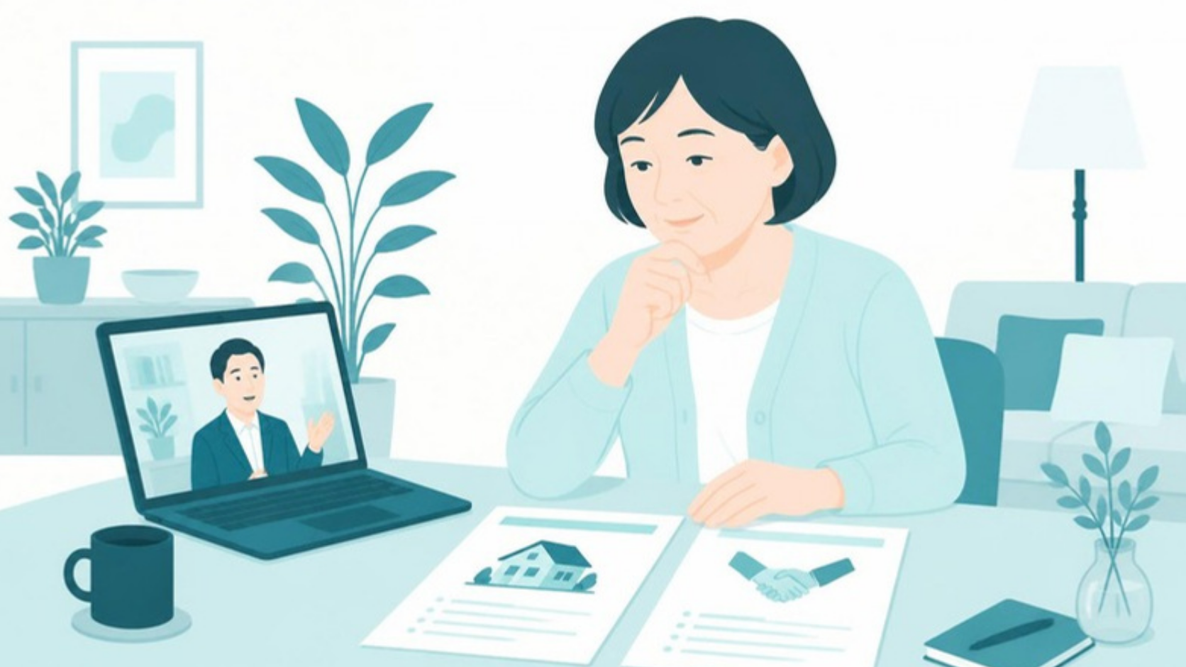 2社の査定結果を比べながらオンラインで相談する女性
