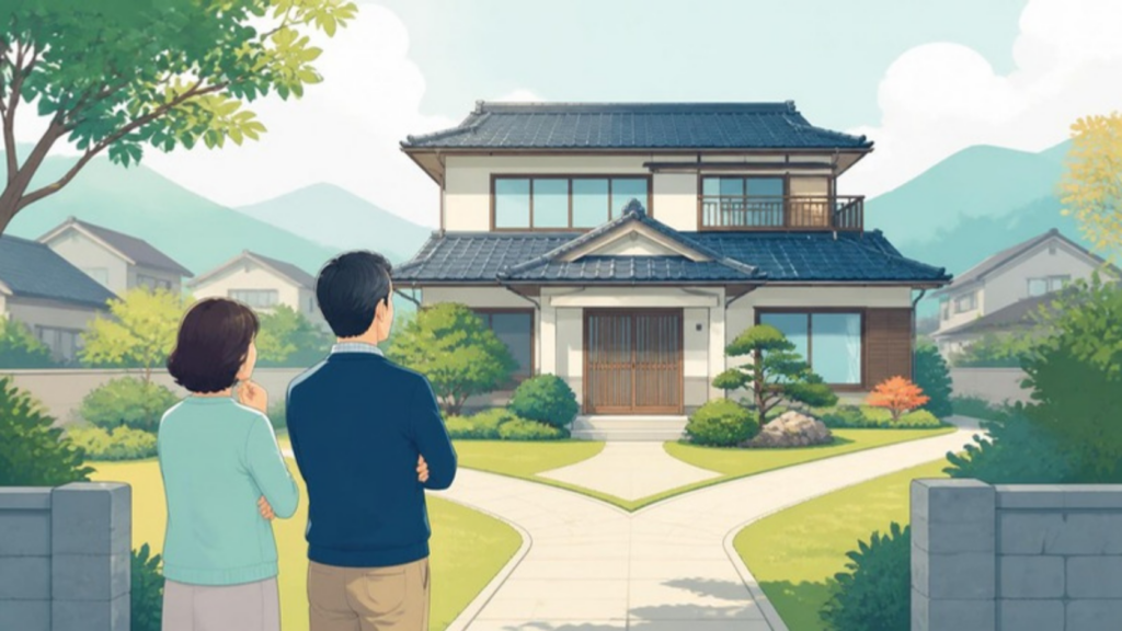 相続した実家を前に売り方を考える夫婦のイラスト