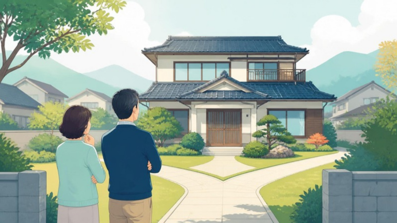 相続した実家を前に売り方を考える夫婦のイラスト