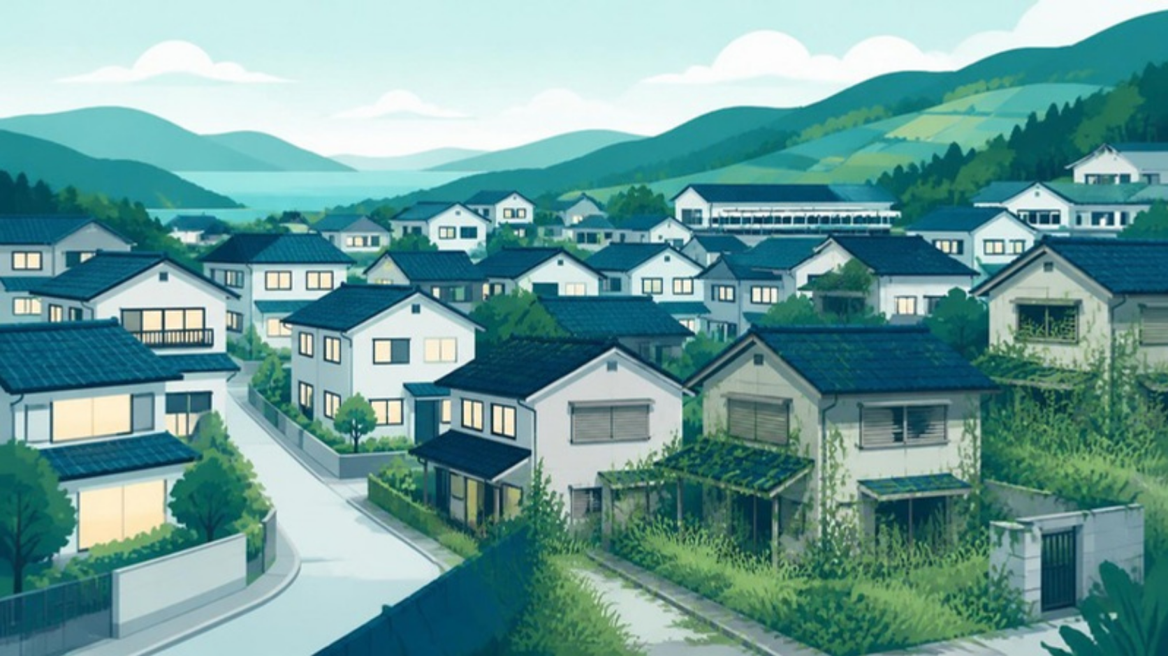 手入れされた家と空き家が混在する町並みのイラスト