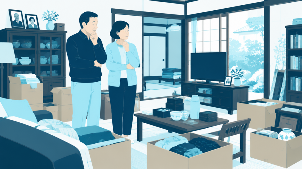 親の実家の居間で段ボールと家具を前に片付けの段取りを考える兄妹