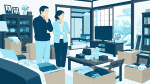 親の実家の居間で段ボールと家具を前に片付けの段取りを考える兄妹