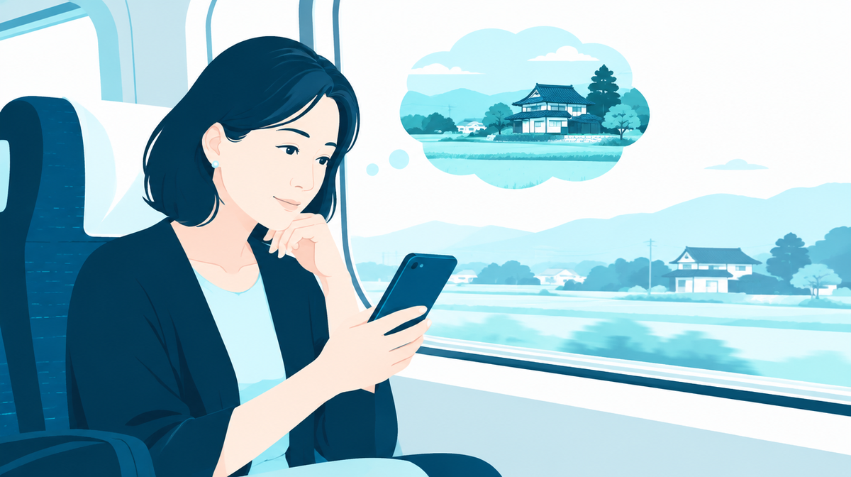 新幹線の車内で遠方の実家を思い浮かべながらスマートフォンを見る女性