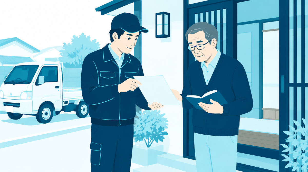 玄関先で作業員が示す書類を手帳と照らし合わせて確かめる男性