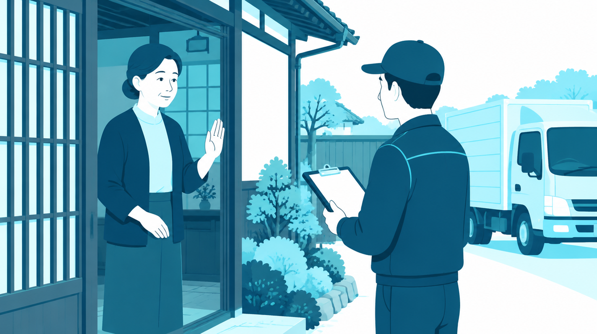 玄関で業者の提案を落ち着いて断る女性