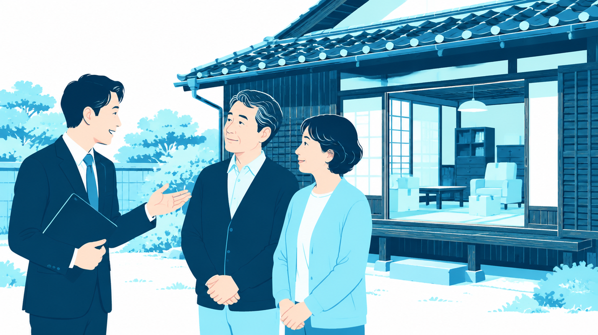 家具が残る古い家の前で不動産会社の担当者と話す夫婦